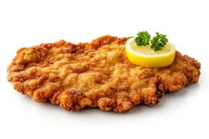 A piece of fried chicken with a lemon wedge photo