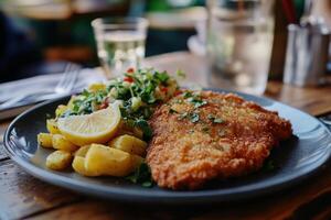 A plate with a chicken schnitzel and potatoes photo