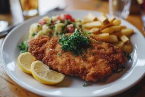 A plate with a chicken schnitzel and potatoes photo