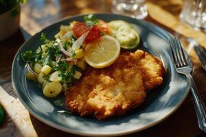 A plate with a chicken schnitzel and salad photo