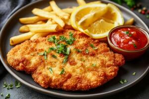 Fried chicken schnitzel with french fries and ketchup on a black plate top view photo