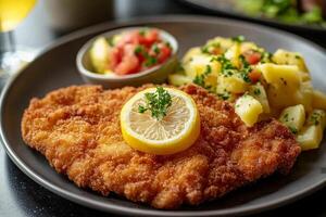 A plate with a chicken schnitzel and potatoes photo