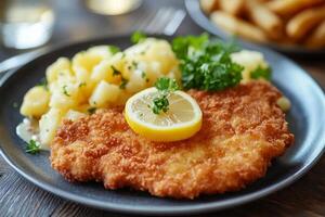 A plate of chicken schnitzel with potatoes and a lemon wedge photo