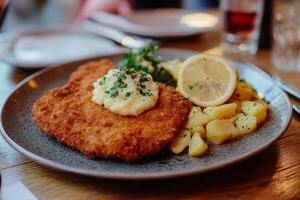 A plate with a chicken schnitzel and potatoes photo