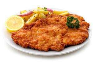 A plate of fried chicken with potatoes and a lemon wedge photo