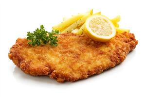 A piece of chicken schnitzel with a lemon wedge photo