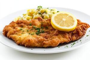 A plate with a fried chicken cutlet with potatoes and a lemon wedge photo
