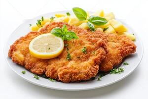 Schnitzel with potatoes and lemon - stock photo - images
