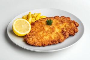 A plate with a fried chicken cutlet and fries photo