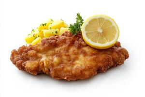 A piece of chicken schnitzel with a lemon wedge photo