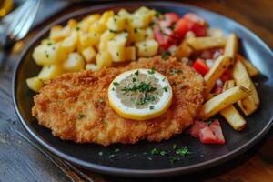 A plate with a chicken schnitzel and french fries photo