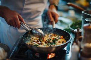 Chef cooking food in a frying pan photo