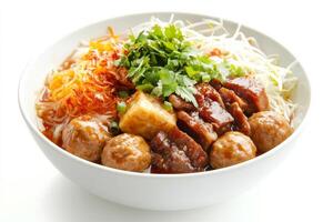 A bowl of meatballs and noodles with a side of greens photo