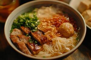 A bowl of noodles with meat and vegetables in it photo
