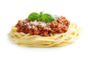 Spaghetti with meat sauce and basil on white background photo