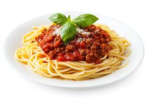 Spaghetti with meat and tomato sauce on white background photo