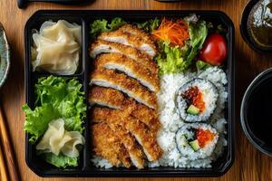 Japanese bento box with chicken, rice, vegetables and chopsticks photo