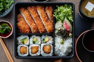 Japanese bento box with sushi, rice, vegetables and chopsticks photo