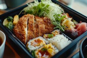 A black container with rice, vegetables and meat photo
