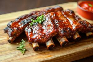 Ribs on a wooden cutting board with sauce photo