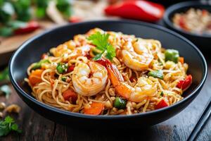 A bowl of noodles with shrimp and vegetables photo