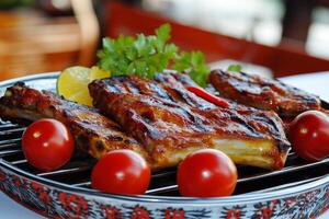 Grilled ribs on a grill with tomatoes and herbs photo