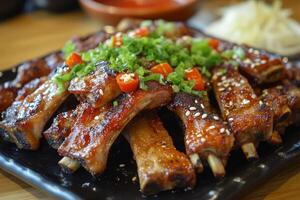 A plate of ribs with sesame seeds and green onions photo