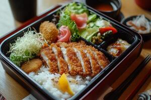 A bento box with chicken, rice and vegetables photo