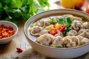 A bowl of soup with meat and vegetables photo