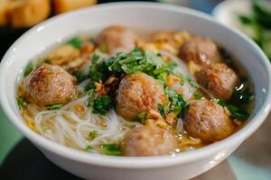 A bowl of pho with meatballs and noodles photo