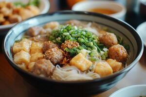A bowl of noodles and meat with green onions photo