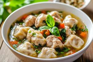 A bowl of soup with dumplings and vegetables photo