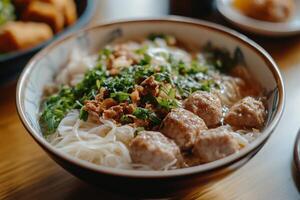 A bowl of noodles with meatballs and greens photo