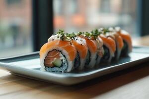 A sushi roll on a plate with a window in the background photo