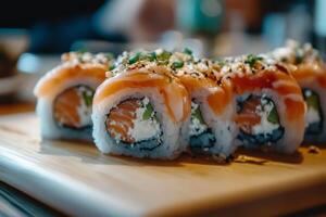 Sushi rolls on a wooden cutting board photo