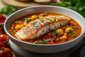 A bowl of fish and vegetables with a spoon photo