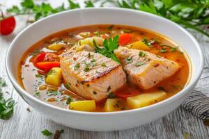 A bowl of soup with fish and vegetables photo