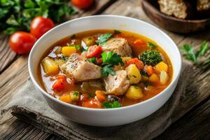 A bowl of soup with meat, vegetables and herbs photo