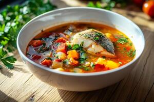 A bowl of fish soup with vegetables and herbs photo