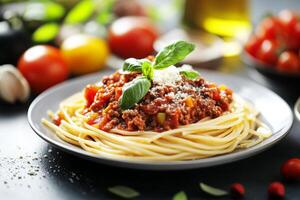 Spaghetti with meat and tomato sauce on a plate photo