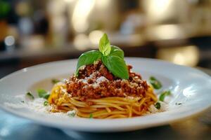 Spaghetti with meat sauce and basil photo