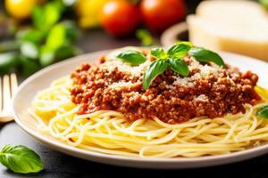 Spaghetti with meat and sauce on a white plate photo