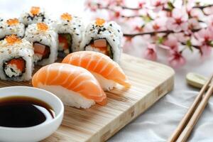 Sushi and salmon on a wooden cutting board photo