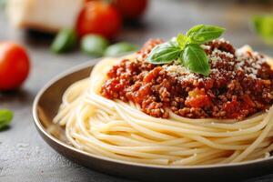 Spaghetti with meat and tomato sauce on a plate photo