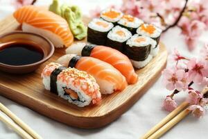 Sushi on a wooden tray with chopsticks photo