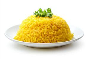 Yellow rice in a white plate on a white background photo