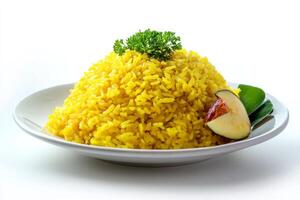 A plate of yellow rice with a green leaf photo