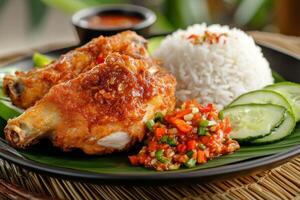 Chicken wings with rice and cucumber salad photo