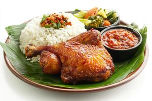 Chicken with rice and vegetables on a leaf photo