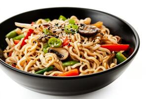 A bowl of noodles with vegetables and mushrooms photo